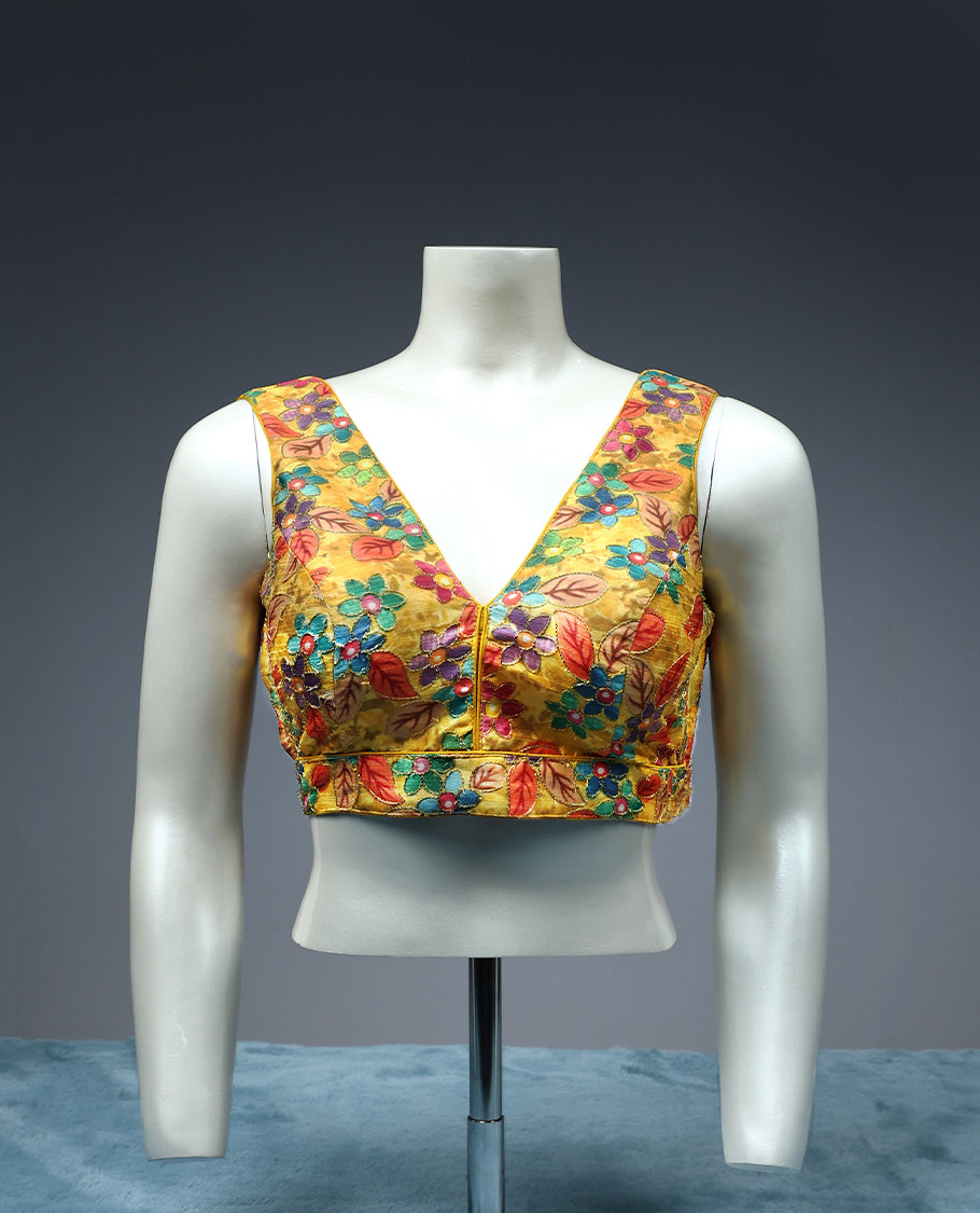 Mustard Colour, Contrast Colour Floral Thread Work, V neck, Attachable Sleeves, Padded, Ready Made Blouse.