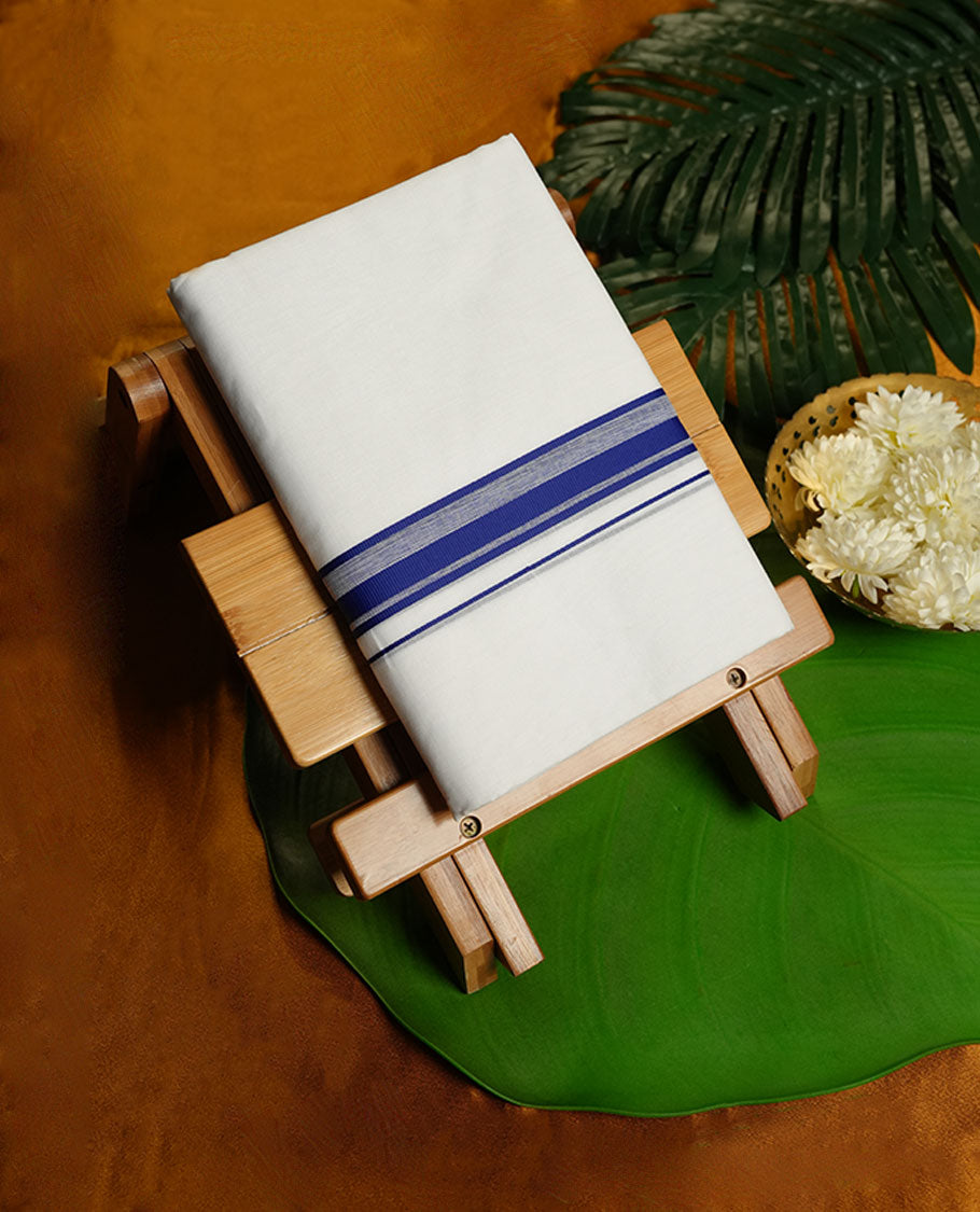 White Colour MINISTER WHITE Pure Cotton double Dhoti with Dark blue Colour Border for Men