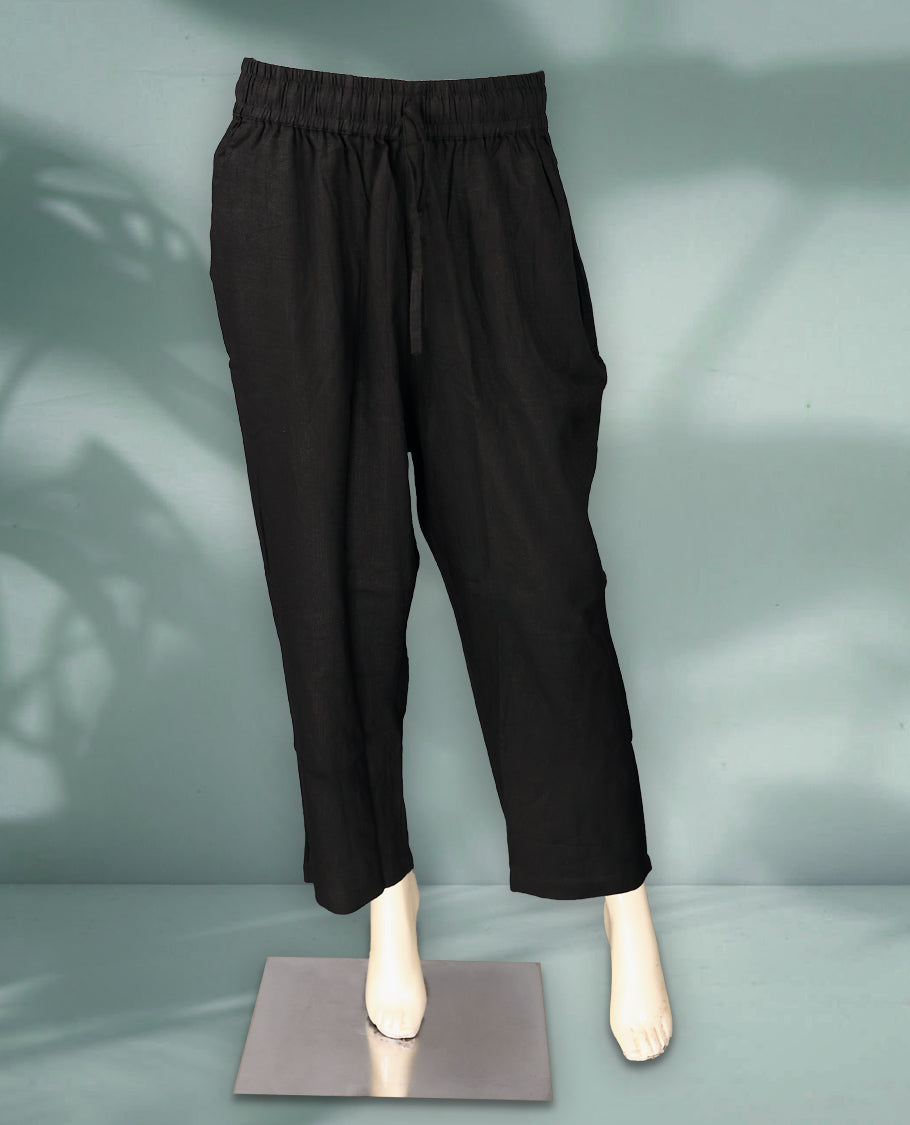 Black Colour women's casual pants feature a relaxed, ankle length silhouette with an elastic waistband and drawstring closure