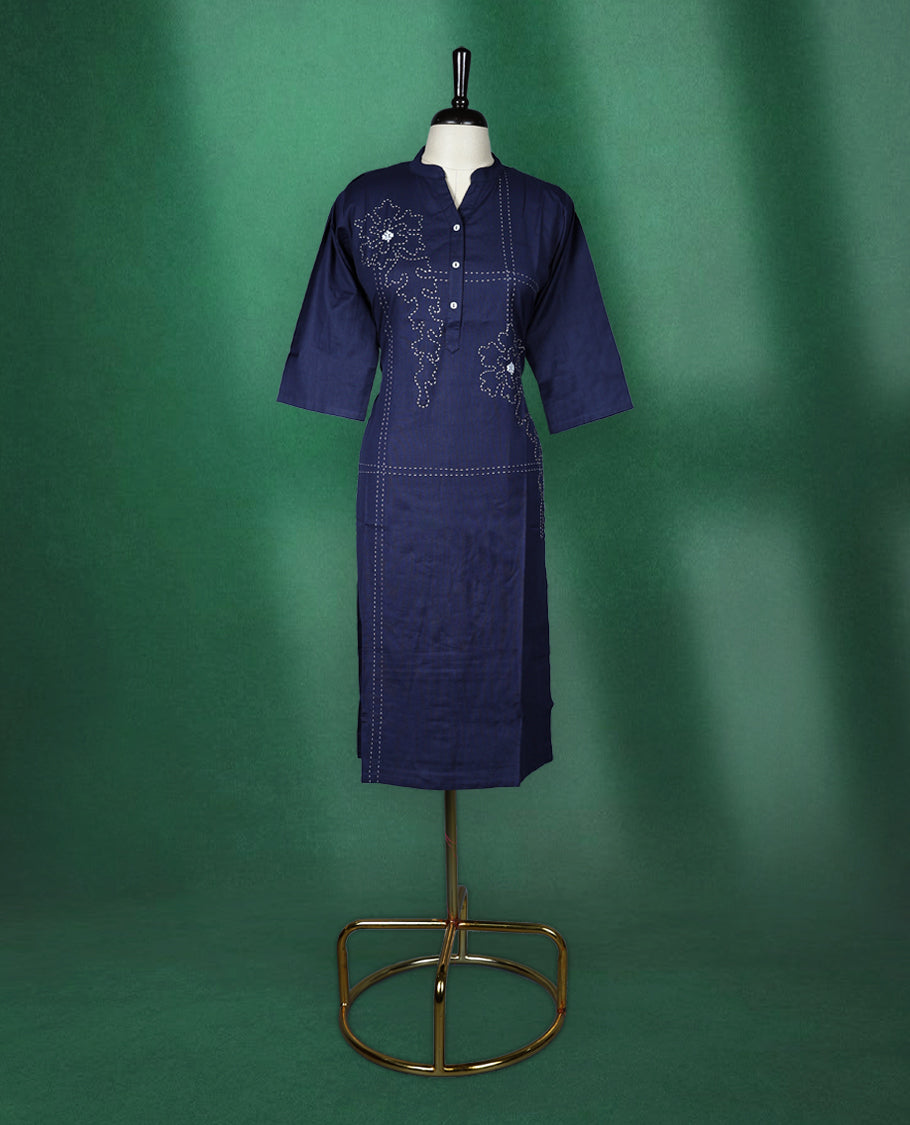 Navy blue colour kurti crafted from soft cotton, featuring a band collar with a buttoned placket, three quarter sleeves, and delicate thread embroidery with floral and dotted patterns for an elegant everyday look.