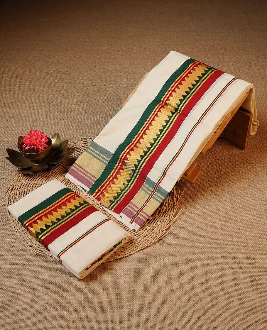 Off white colour Cotton Set Mund featuring a traditional multicolour temple pattern border in green, red and gold zari, enhanced with a thin multicolour striped border.