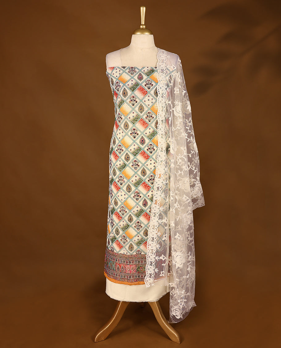 Cream Colour, Mirror Worked Top having Multi Colour Prints & Orange Border with Bottom and Thread Worked Dupatta
