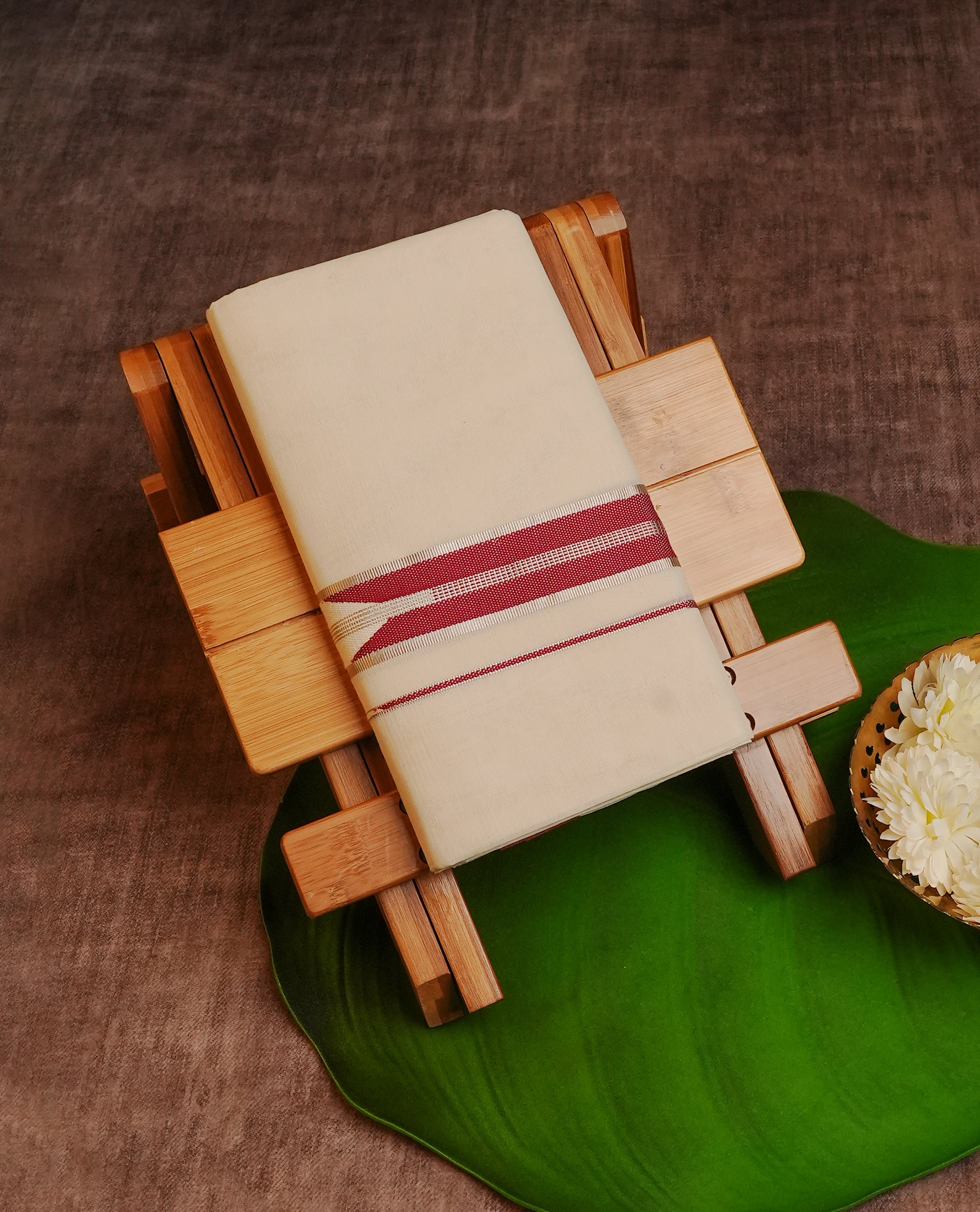 Cream Colour Cotton Double Dhoti Finished With A Classic Silver Zari with Magenta design Kara