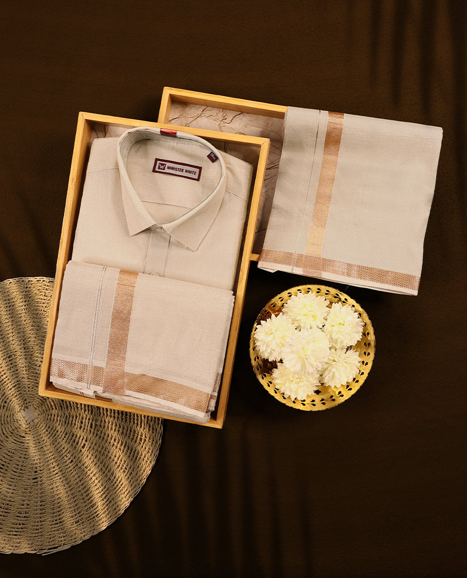 Light copper tissue wedding shirt and dhoti set from MINISTER WHITE, adorned with a matching copper zari border.