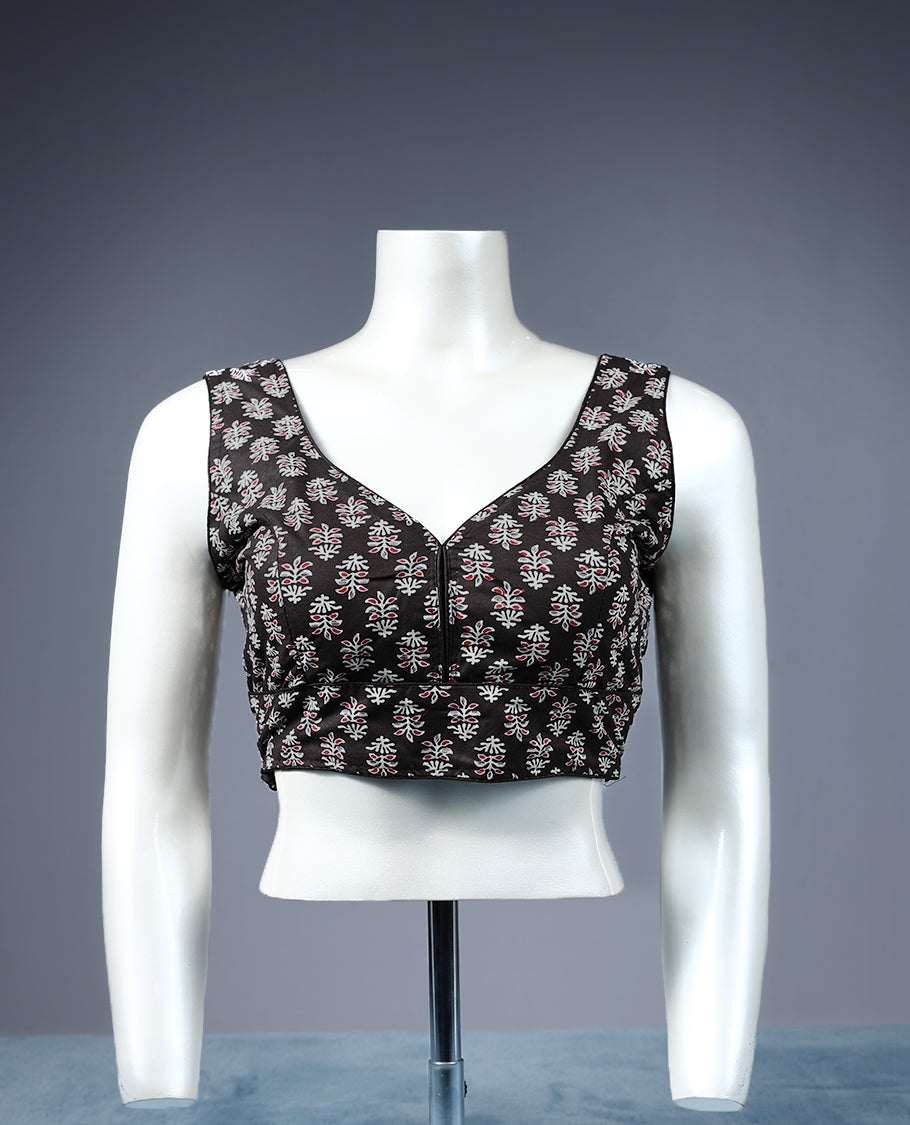 Dark Brown Colour Block Print, Deep Neck Design, Attachable Sleeves, Padded, Ready Made Blouse.