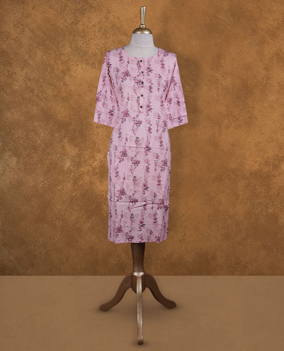 Blush pink colour kurti from TWARA, scattered with dainty floral vines all over, featuring a scoop neckline with button placket and comfy 3/4th sleeves.