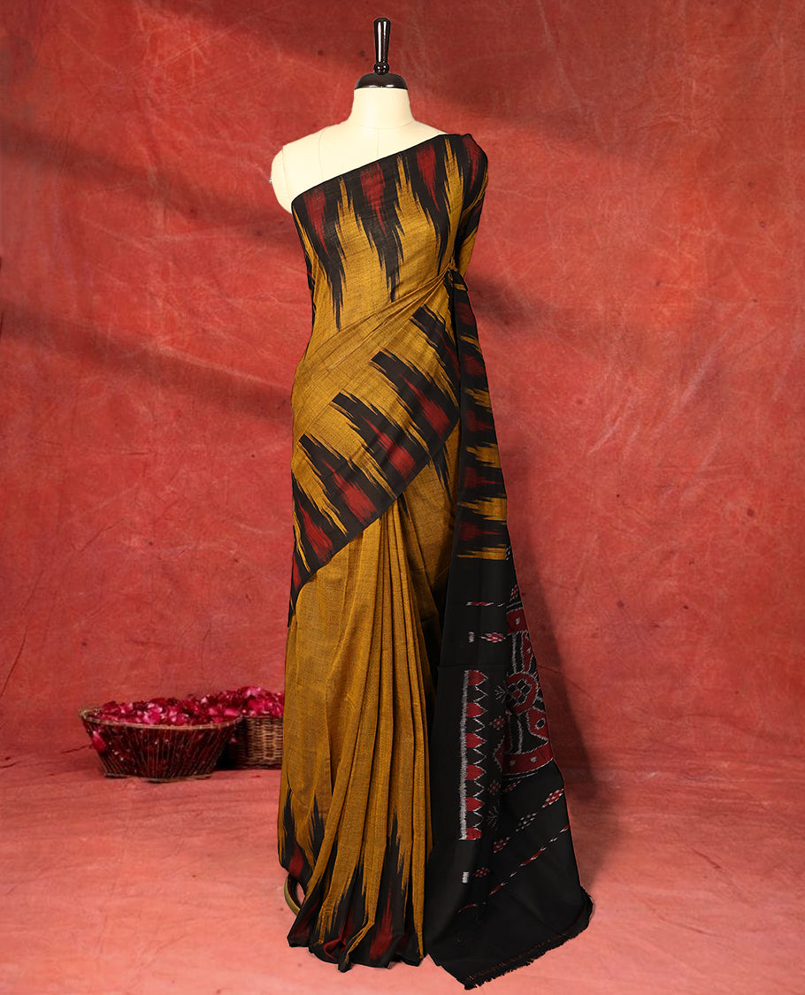 Mustard and black colour Ikkat Pochampally saree featuring maroon & black abstract ikkat patterns on the body, traditional geometric ikkat design on the pallu, without Blouse