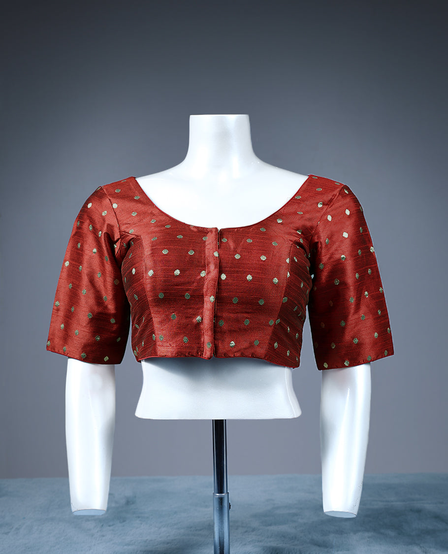 Red Colour Golden Round Motifs, Round Neck Design, 2/4th Sleeves, Padded, Ready Made Blouse.