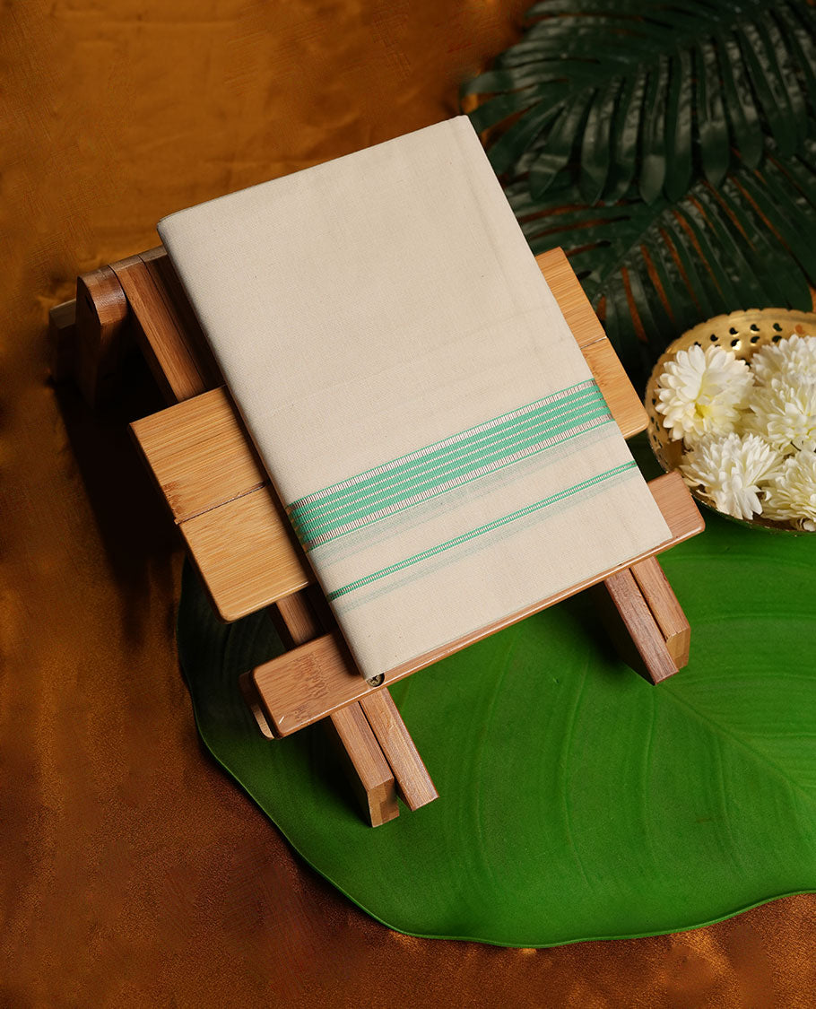 Cream Colour Pure Cotton single Dhoti with light Green and Silver Colour simple Border for Men