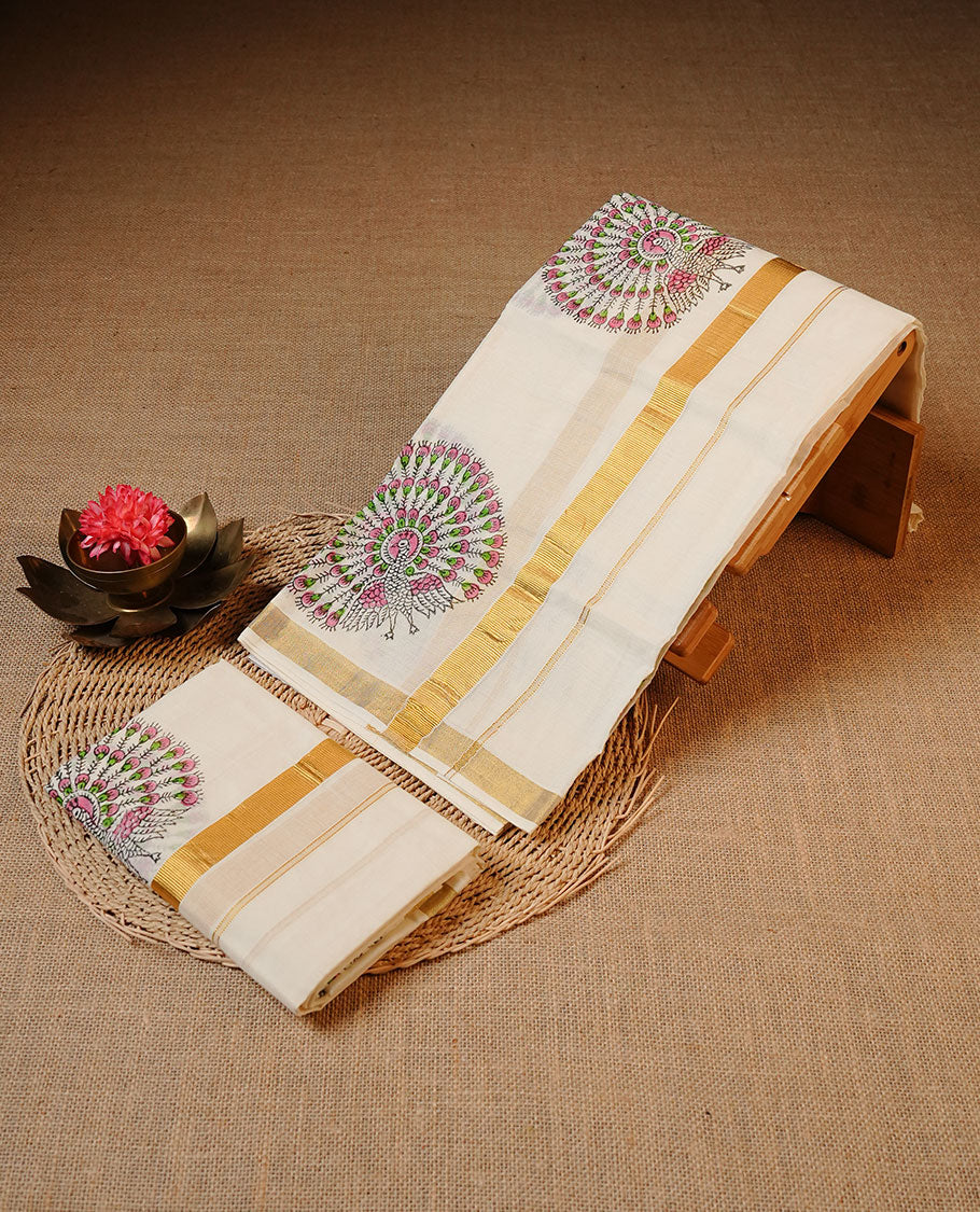 Off white colour Cotton Set Mund featuring a plain body, enhanced by a Print on gold zari border.