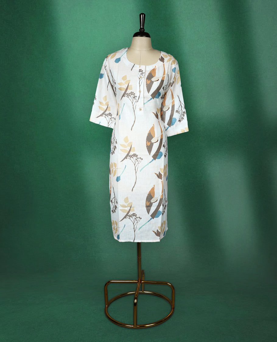 Off white cotton kurti with earthy toned abstract floral prints, round neckline, front buttons, and elbow-length sleeves, breezy and artistic choice for casual outings.
