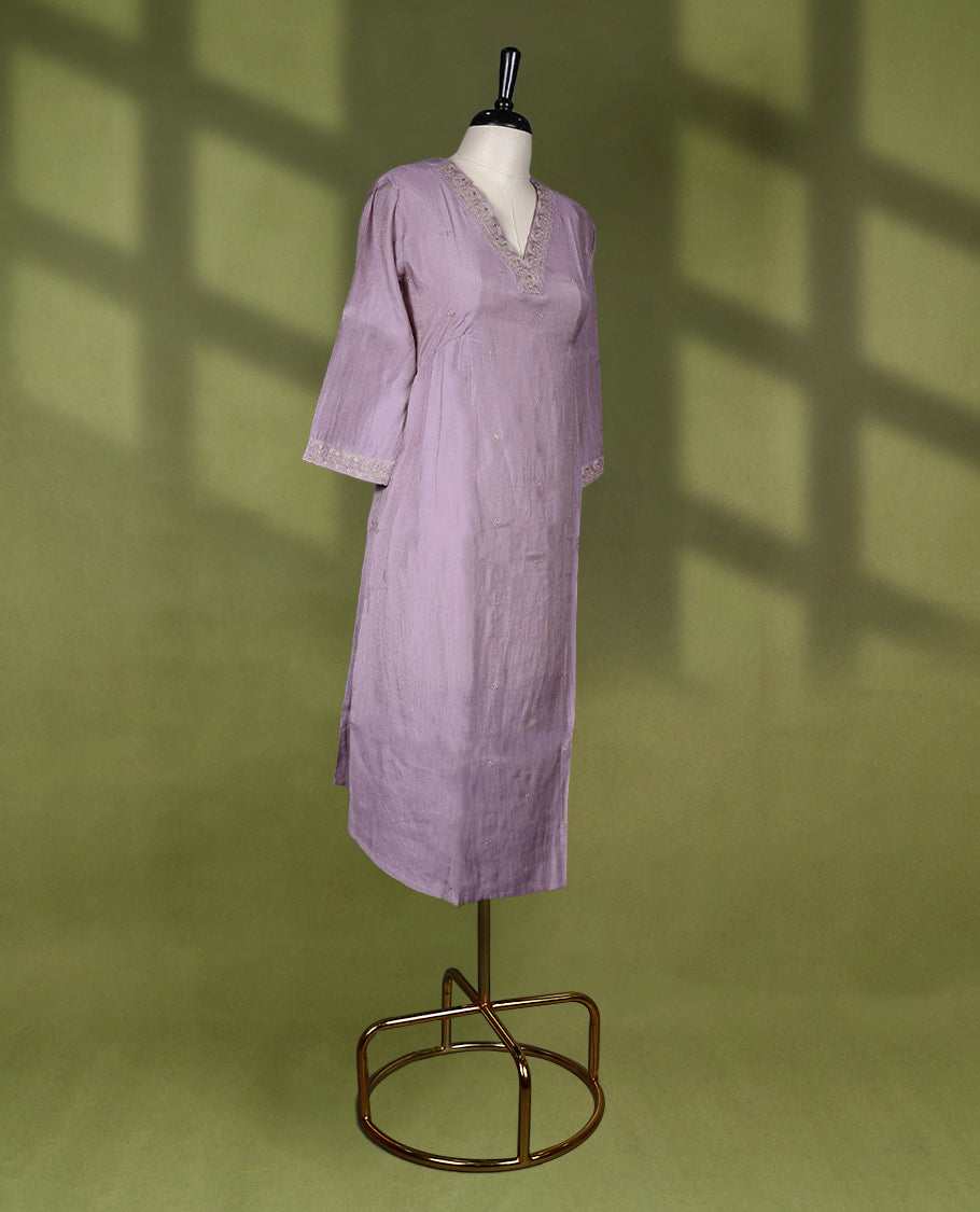 Pastel onion Colour V neck Readymade kurti with golden embroidery for women, featuring 3/4 sleeves.