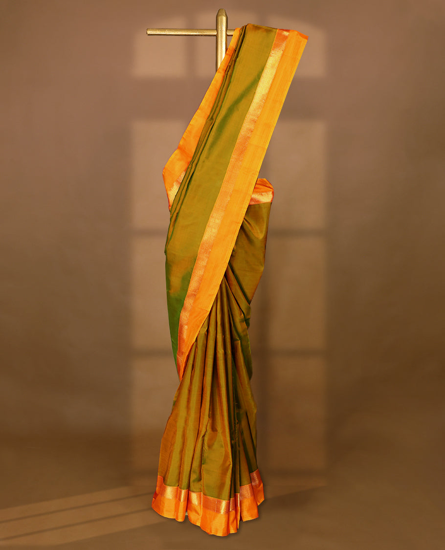 Double Shade Mustard Colour Pure Kancheepuram Traditional Silk Saree having Plain Body with Contrast Border and Blouse