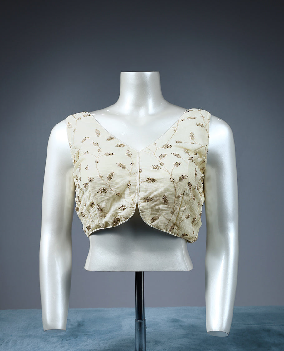 Cream Colour Cut Bead Leaf Like Embroidery V Neck Design Attachable Sleeves Padded Ready Made Blouse.