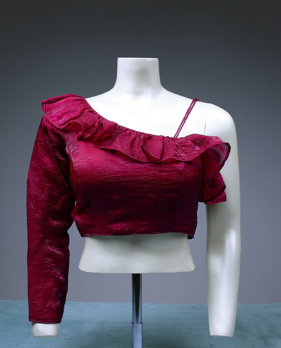 Wine Red Colour, Single Sleeve Frill Design, Padded, Ready Made Blouse.
