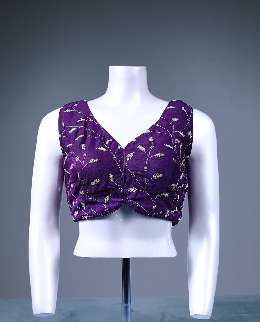 Purple Colour Cut Bead Leaf Like Embroidery V Neck Design Attachable Sleeves Padded Ready Made Blouse.