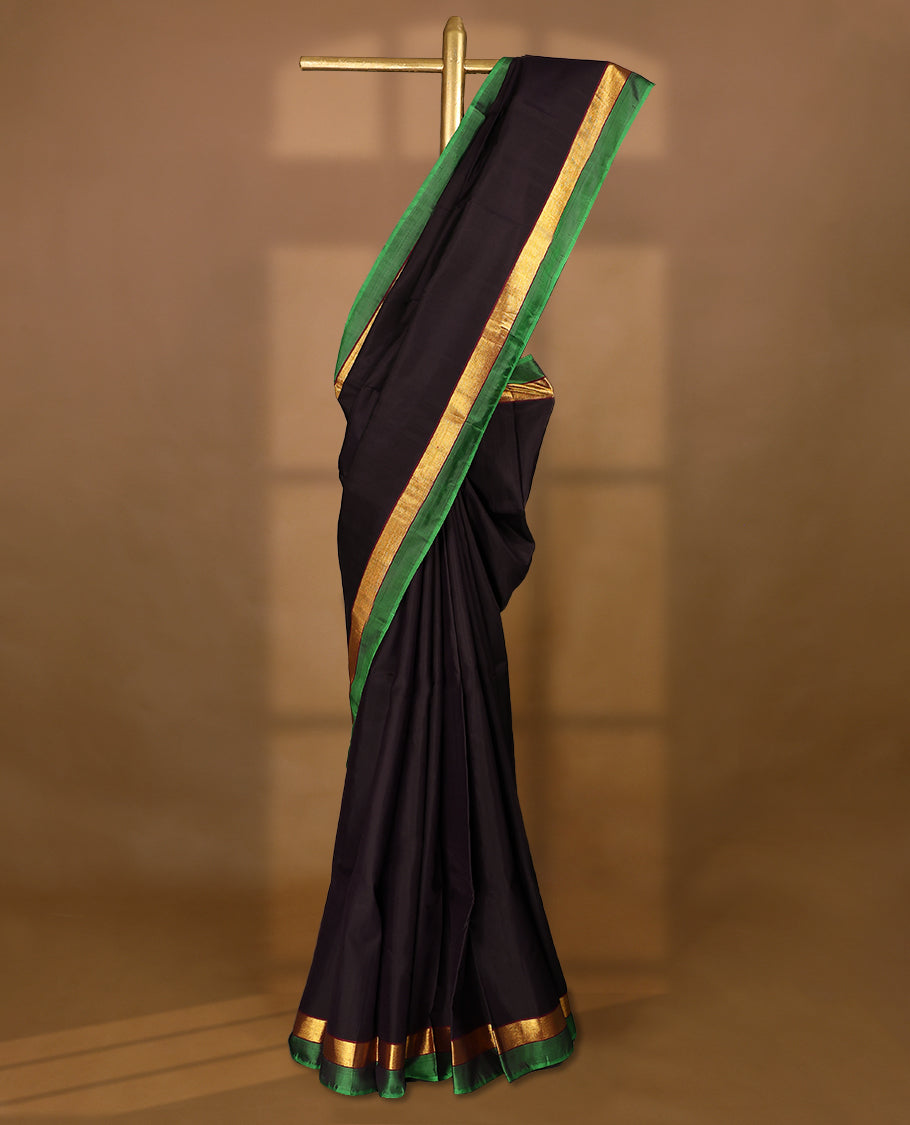 Dark Indigo Colour Pure Kancheepuram Traditional Silk Saree having Plain Body with Contrast Border and Blouse