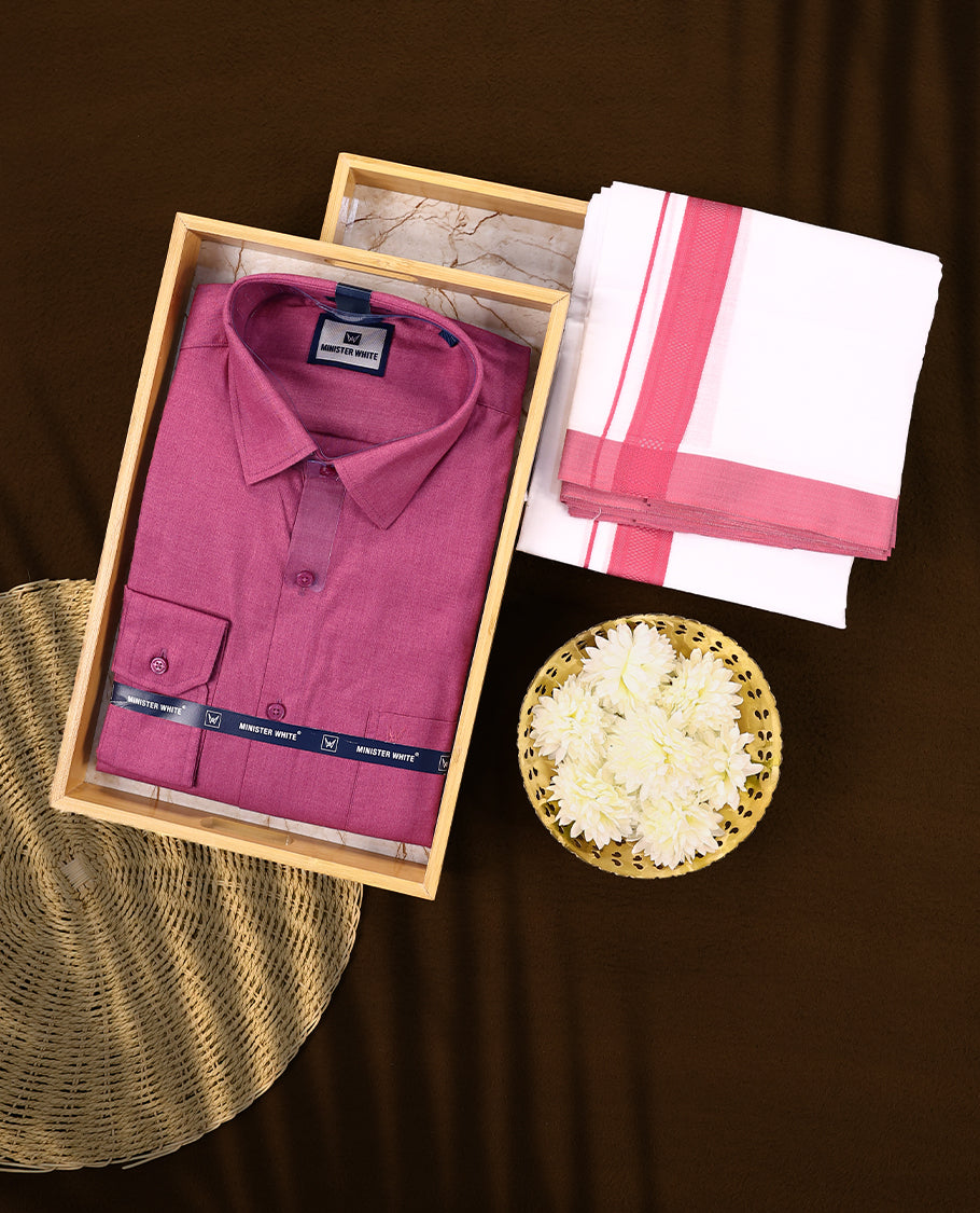 Deep Pink Colour full sleeve shirt and white dhoti set featuring a coordinated Pink zari border designed for a stylish and traditional look ideal for festive and cultural occasions