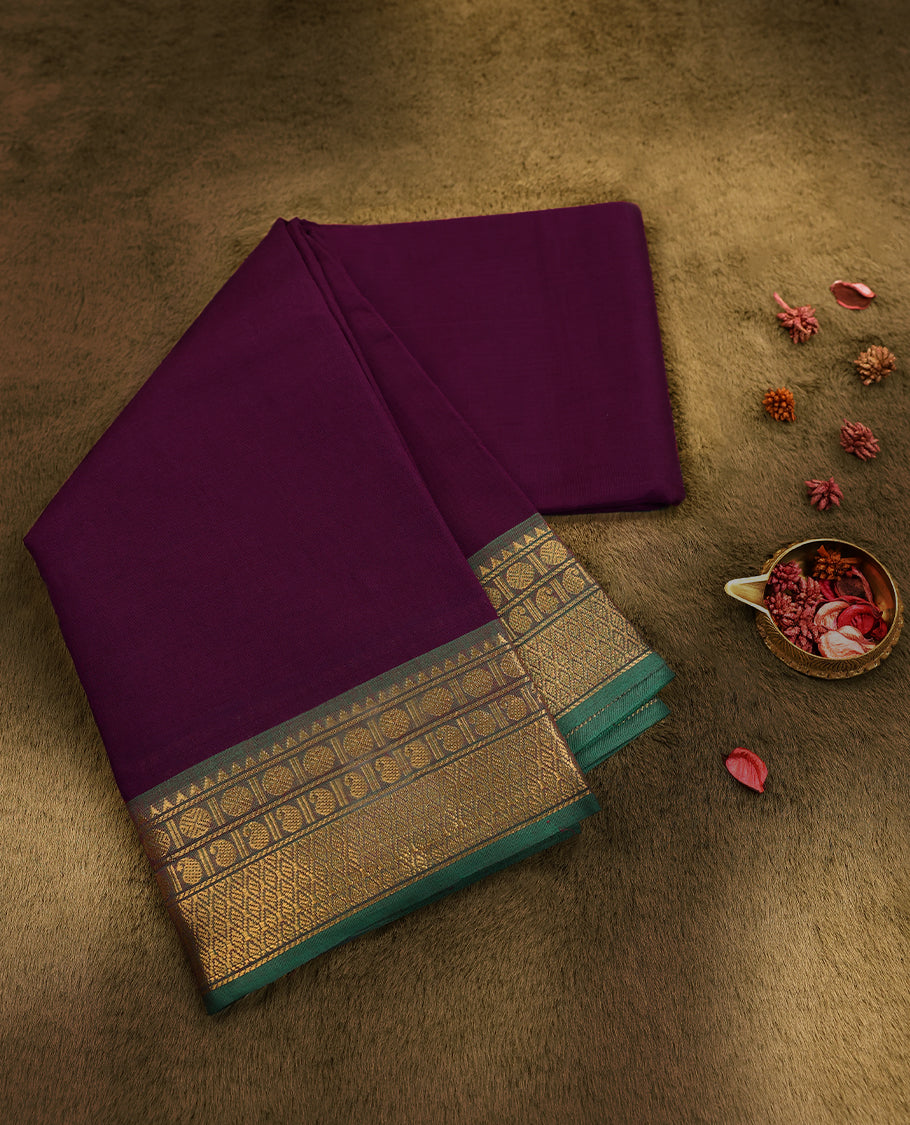 Grape Colour Mixed Chettinad Cotton Saree having plain Body with Contrast Border and Self Coloured Blouse
