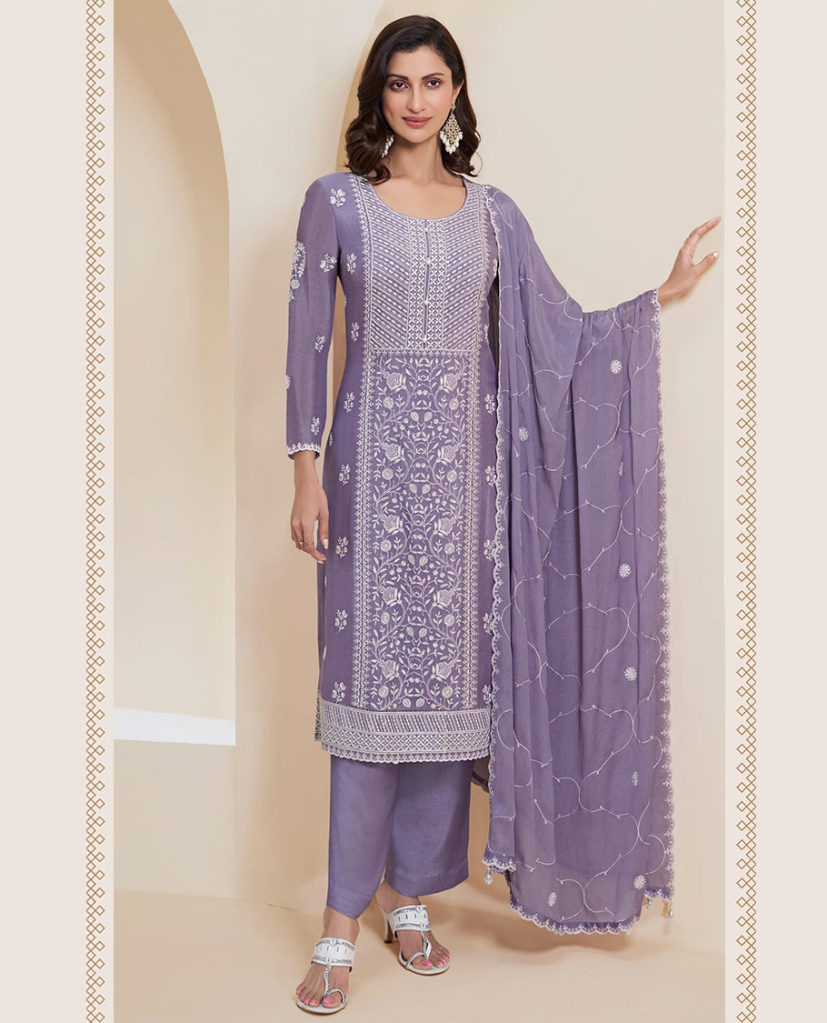 Pastel Lilac, Thread embroidered Chinon top and dupatta paired with a comfortable Santoon bottom