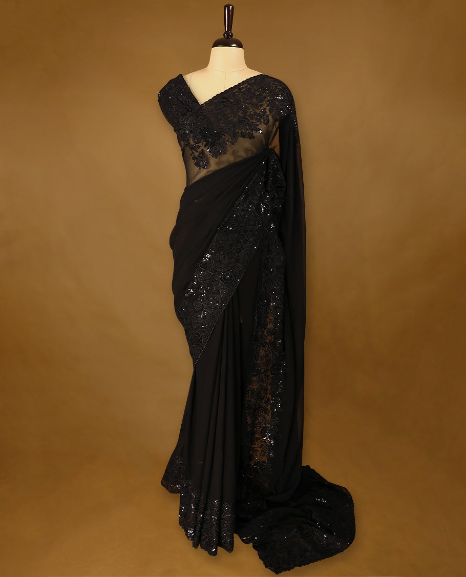 Black Colour Designer Saree having Sequence and Thread Worked Body with Worked Border and Blouse