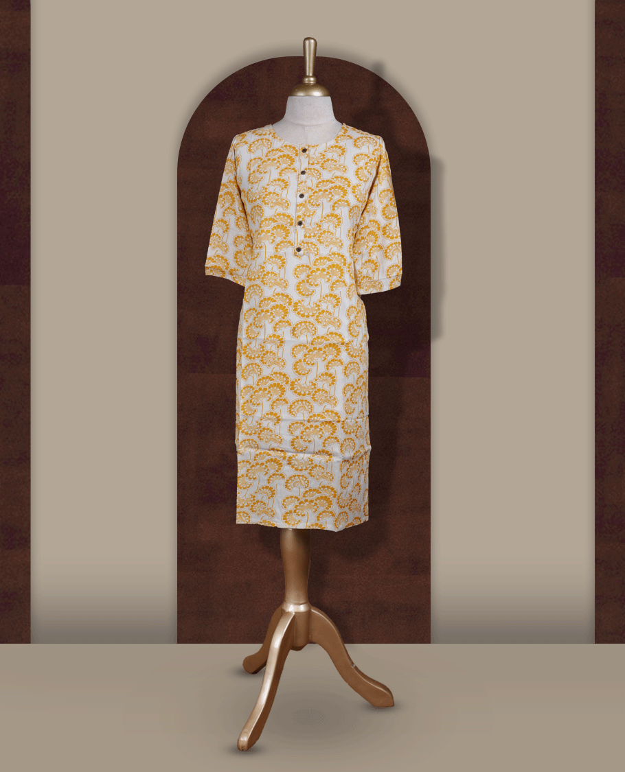 White colour kurthi from TWARA, with beautiful yellow floral prints & Designed with a round neckline, button placket, and 3/4 sleeves.