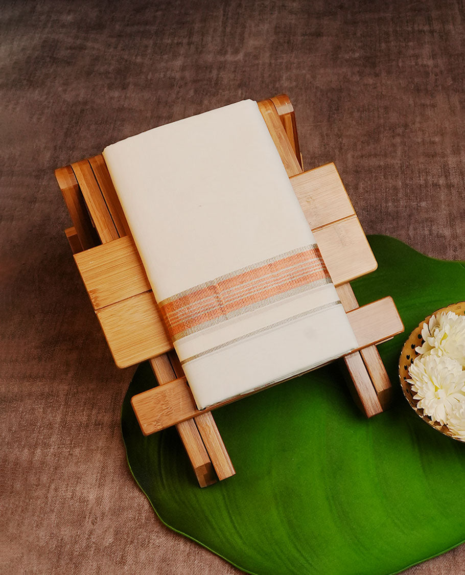 Off White Colour Cotton Double Dhoti Finished With A Classic Silver & Bronze Kasav Kara.