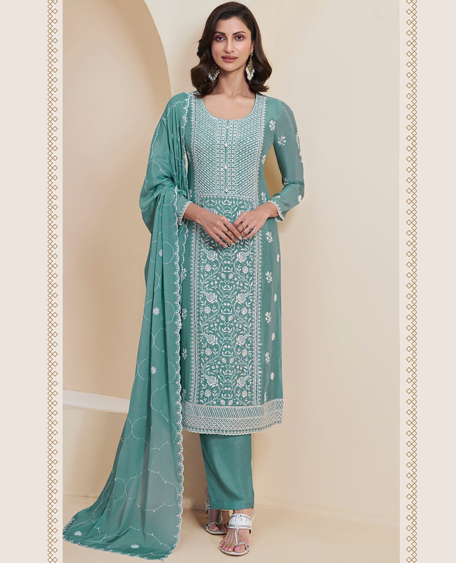 Pastel Sea Green, Thread embroidered Chinon top and dupatta paired with a comfortable Santoon bottom