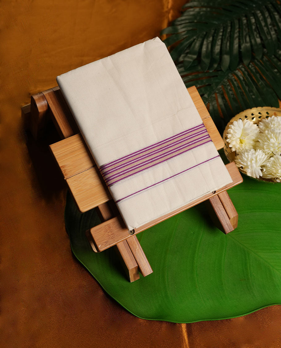 Cream Colour Pure Cotton single Dhoti with Purple Colour Border for Men