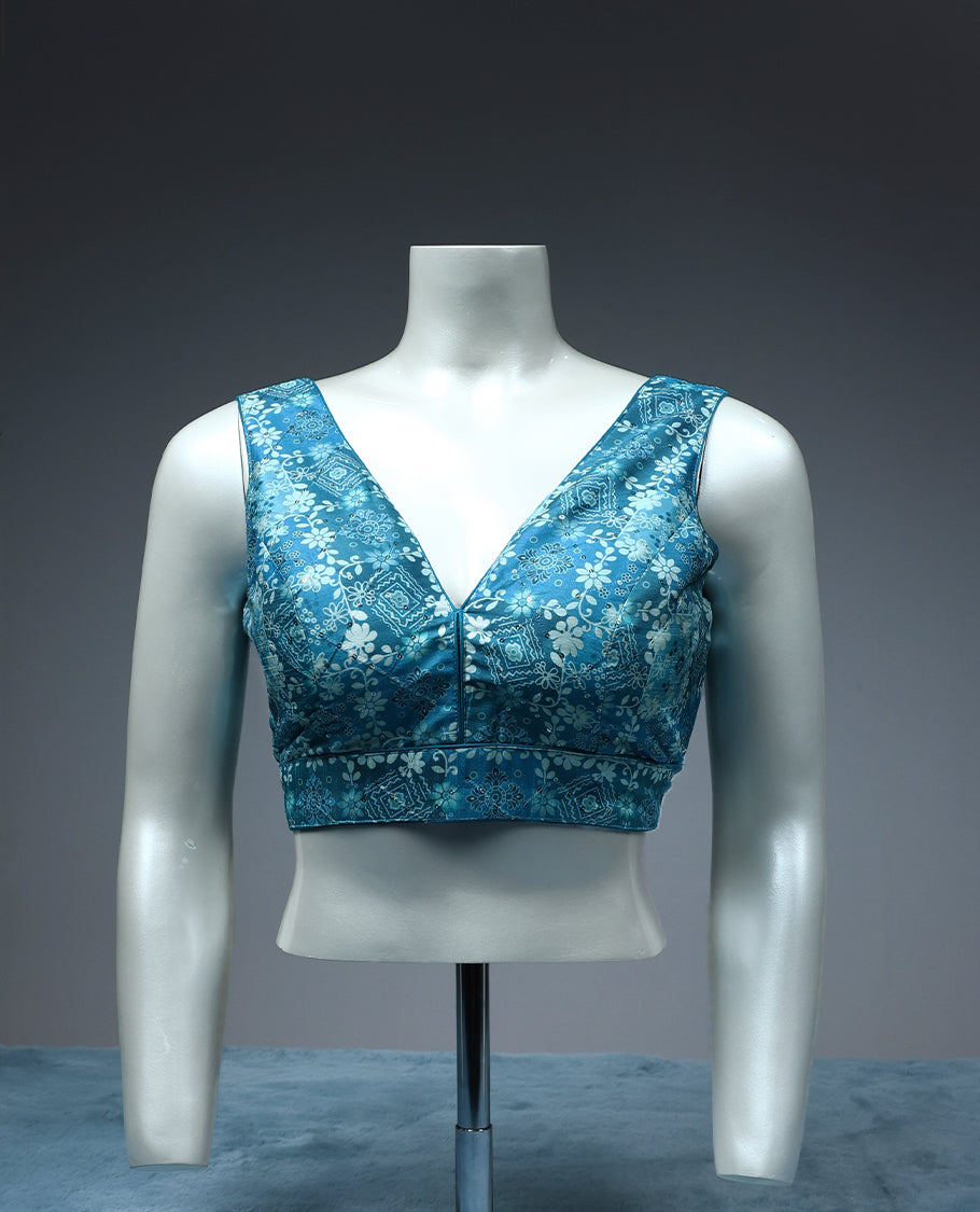 Blue Colour, Thread and Sequence Work, V neck, Attachable Sleeves, Padded, Ready Made Blouse.