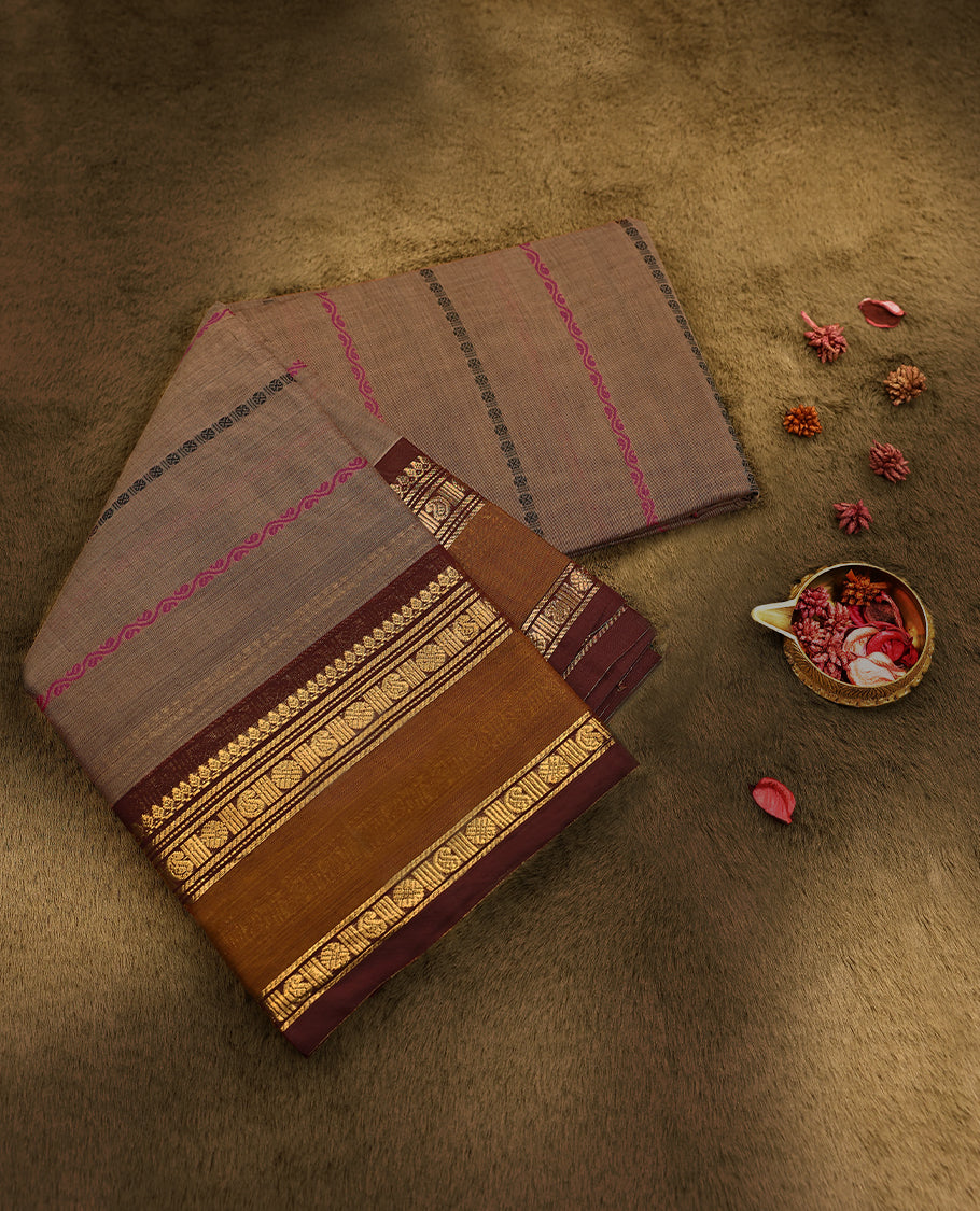 Light Brown Colour Mixed Chettinad Cotton Saree having Thread Worked Body with Contrast Border and Self Coloured Blouse