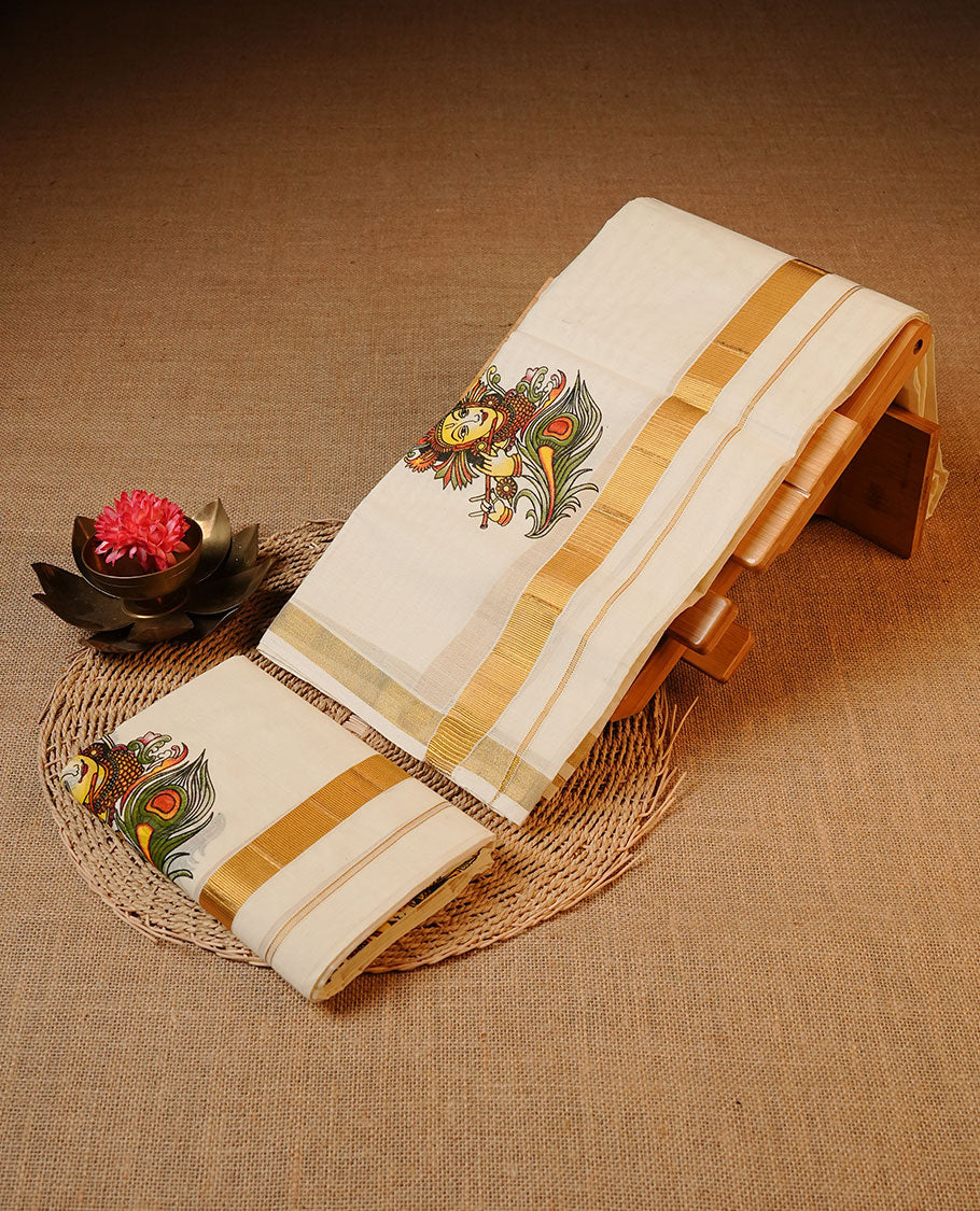Off white colour Cotton Set Mund featuring a plain body, enhanced by a gold zari border with a traditional Kathakali printed motif.