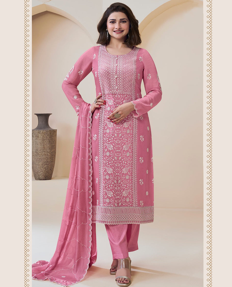 Pastel Pink, Thread embroidered Chinon top and dupatta paired with a comfortable Santoon bottom