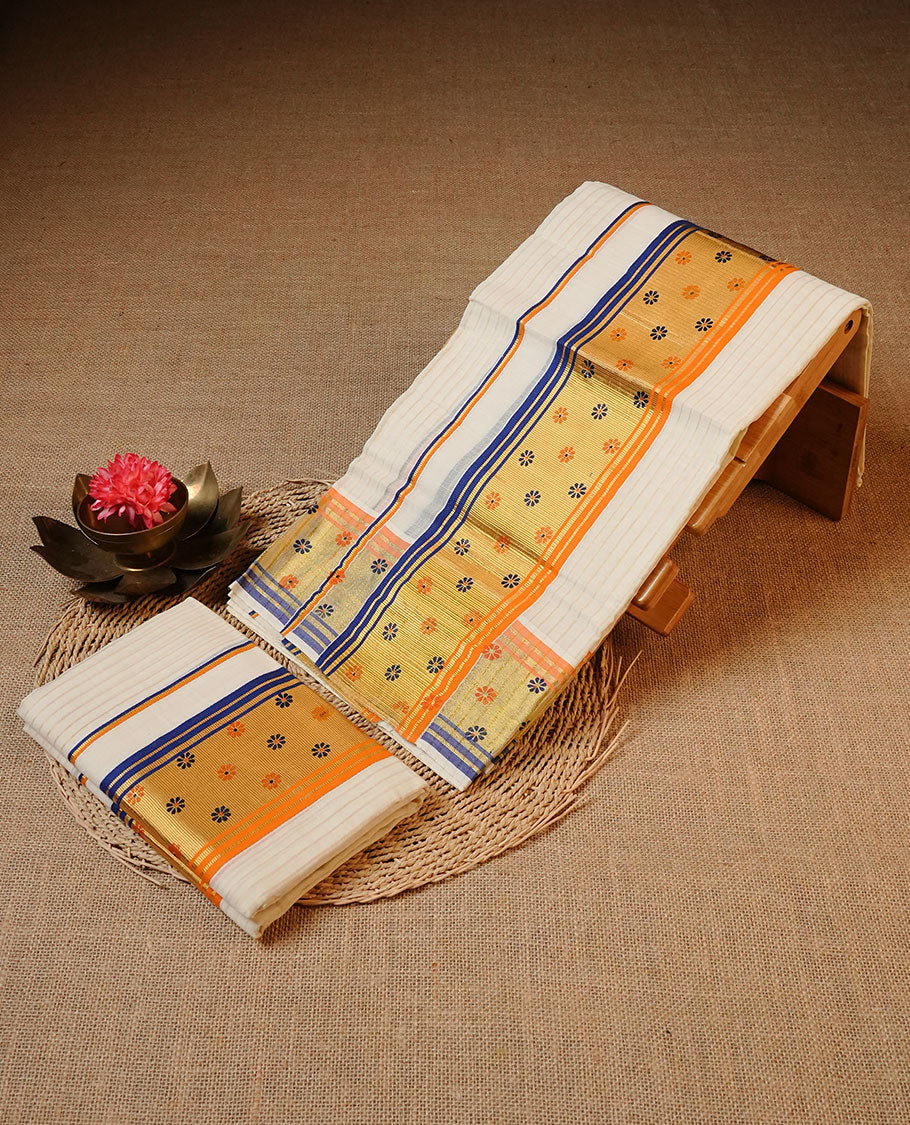 Off white colour Cotton Set Mund featuring a plain body, enhanced by a gold zari woven border with floral motifs and blue orange stripes