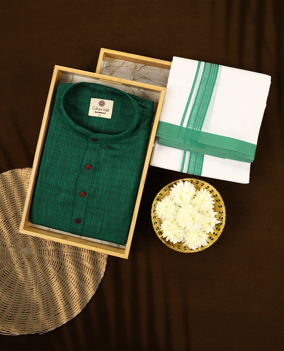 Dark green short kurta and white dhoti set featuring a matching green zari border designed for a graceful and ethnic appearance perfect for festive and traditional occasions