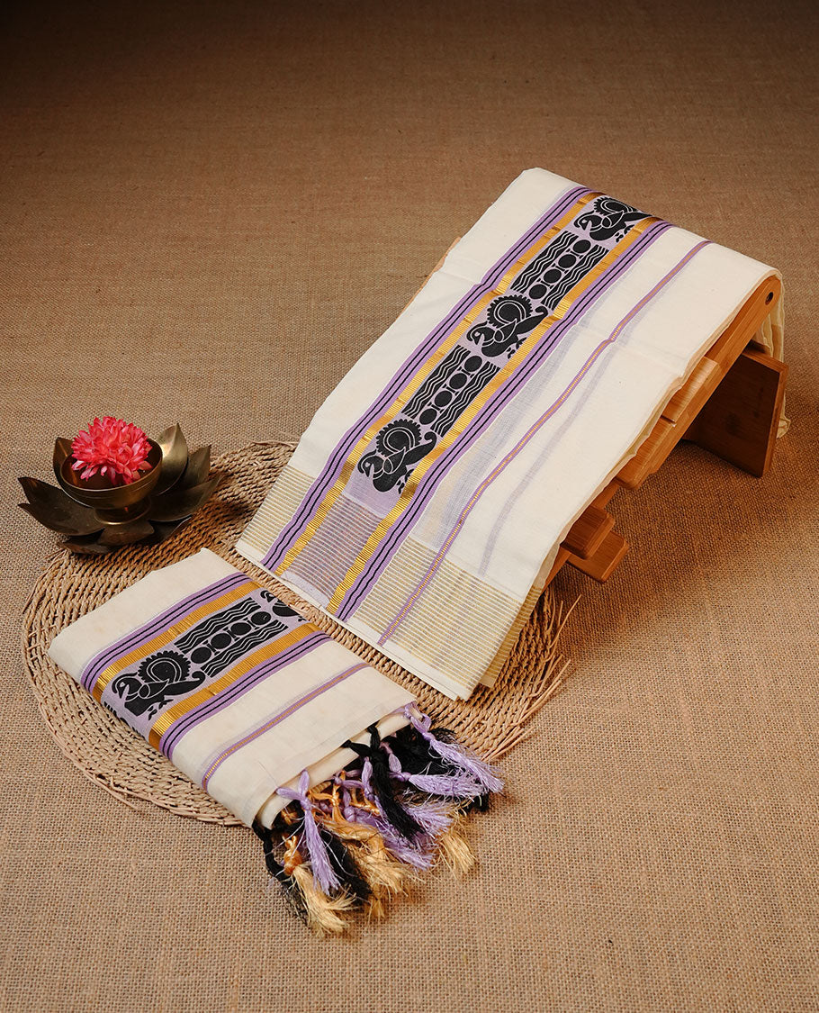 Off white colour Cotton Set Mund featuring a plain body, enhanced by a traditional black motif woven border with Lavender and gold zari stripes.