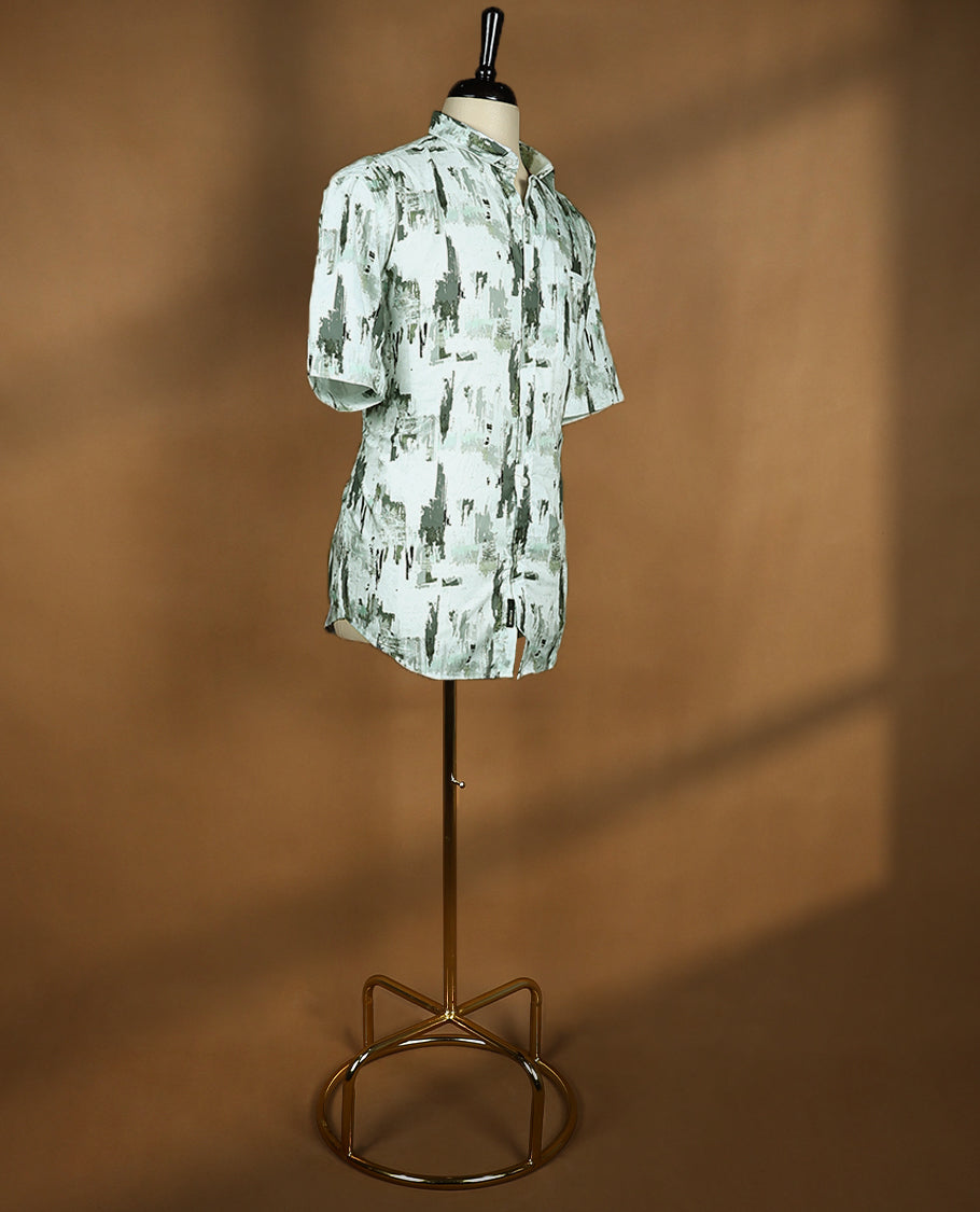 White with Green Shade Printed ITHACA Half Sleeve Cotton Shirt for Men