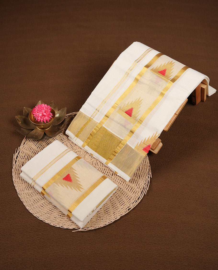 Off white colour cotton set mundu highlights gold zari border featuring pattern across border (2.00/2.80 MTS)
