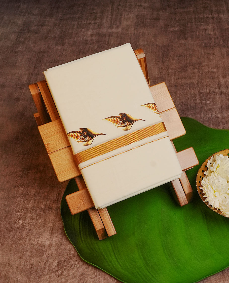 Cream Colour Cotton Double Dhoti Finished With A Classic Gold Kasav & Digital Print Kara