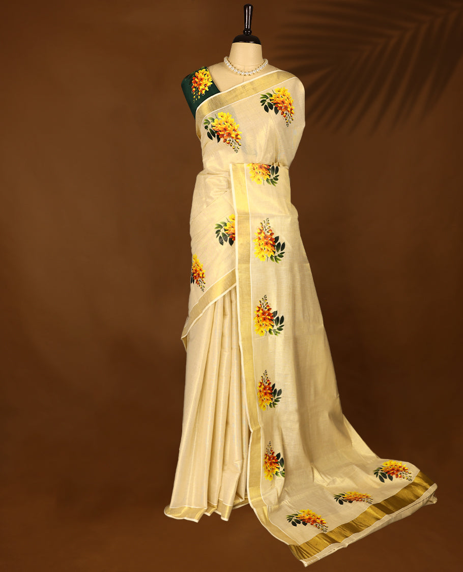 Kerala tissue saree with bright yellow floral Digital Prints and a soft golden Border with Contrast Blouse