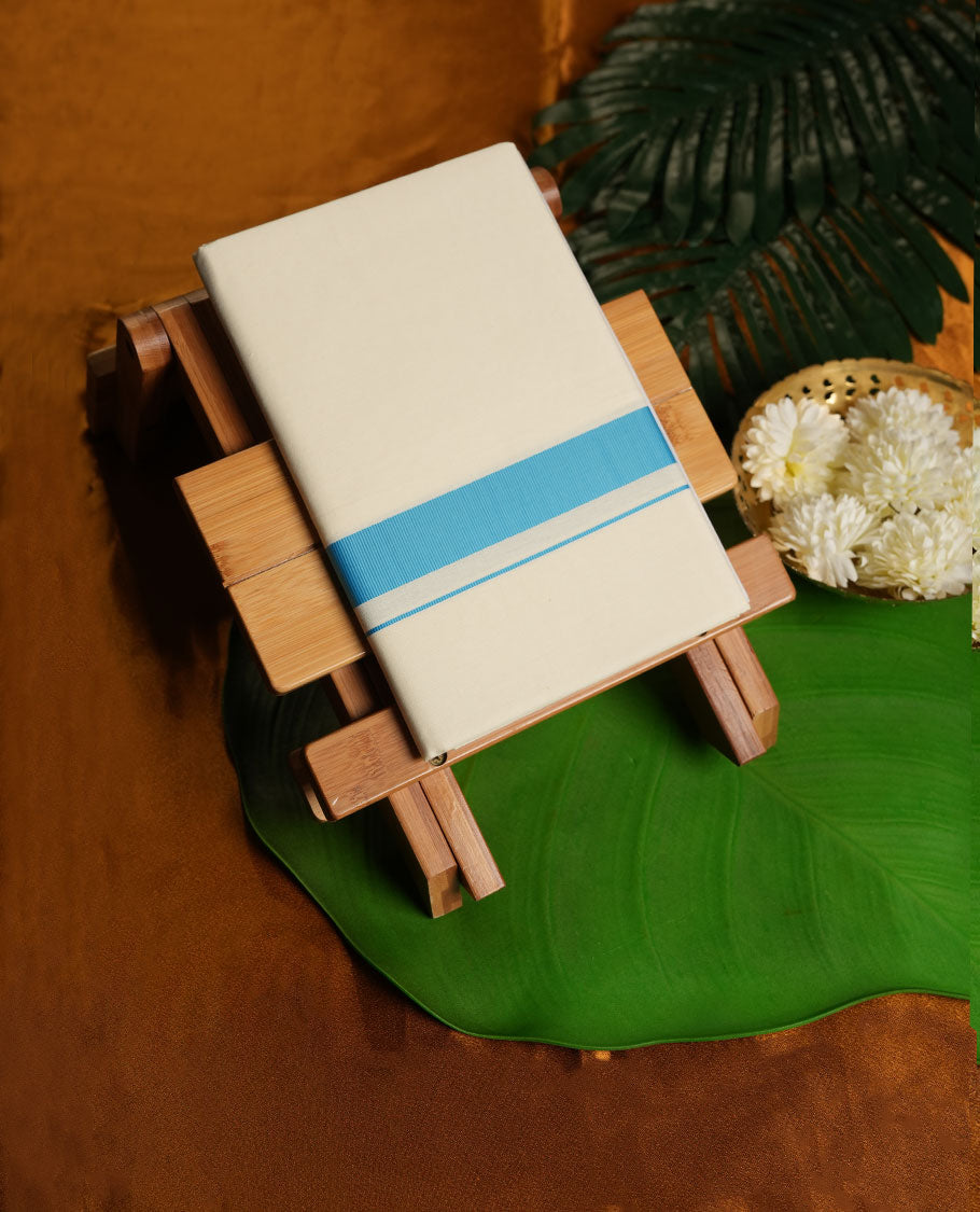 Cream Colour Pure Cotton single Dhoti with blue Colour Border for Men