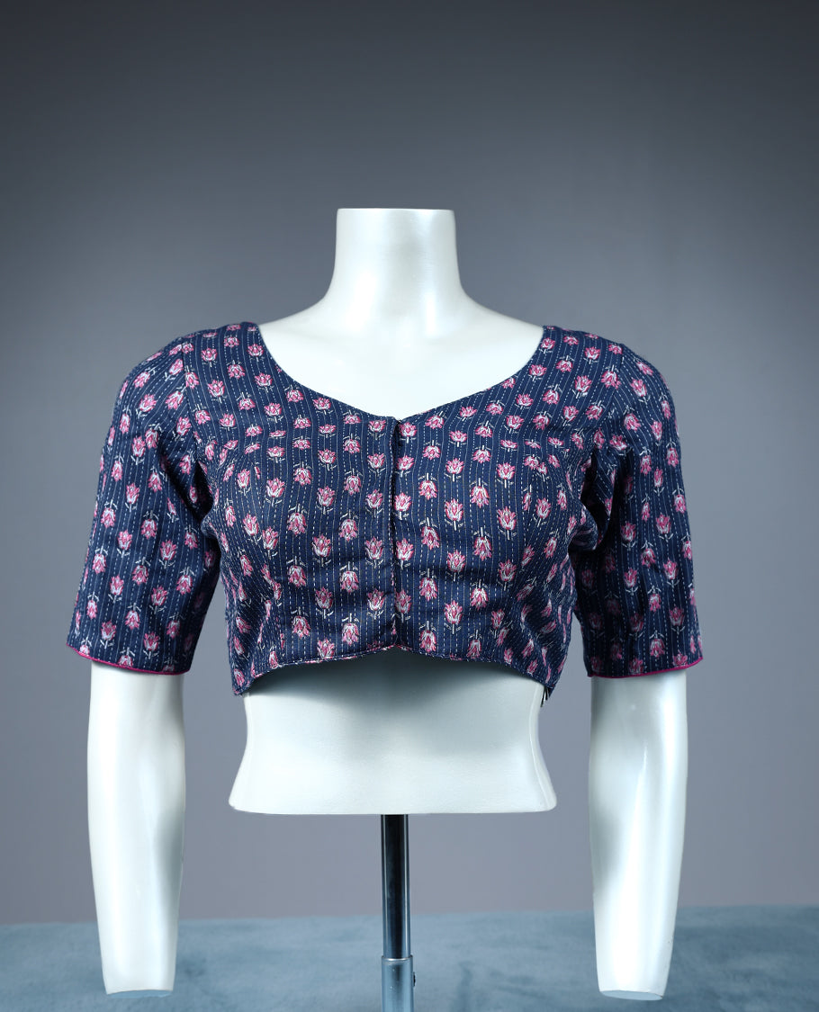 Mid Night Blue Colour Pink Flower Print, Curved V Neck, 2/4th Sleeves, Padded, Ready Made Blouse.