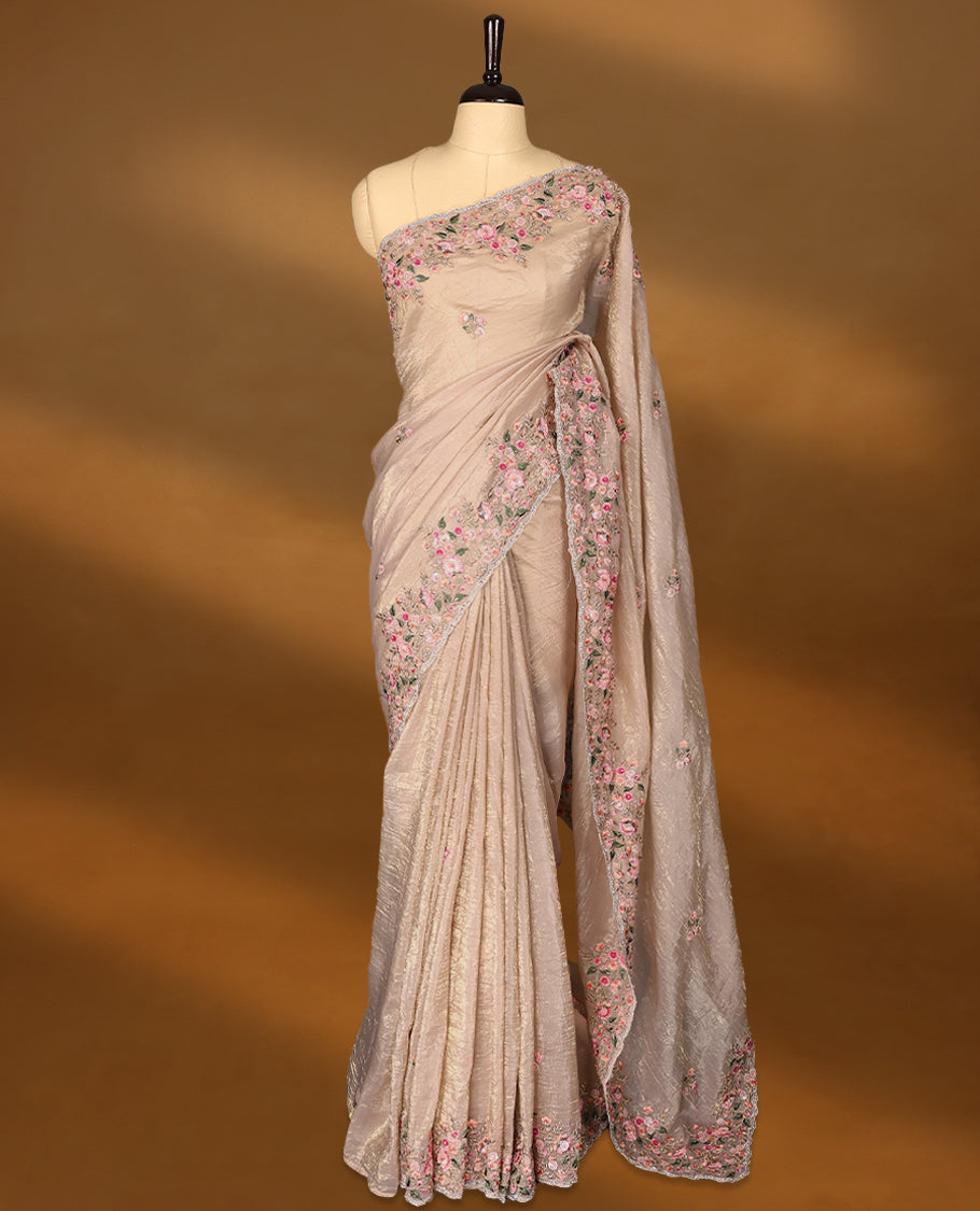 Dusty Rose Crush Soft Silk saree featuring Floral Thread Works on the body, complemented by delicate floral embroidery border and a matching blouse.
