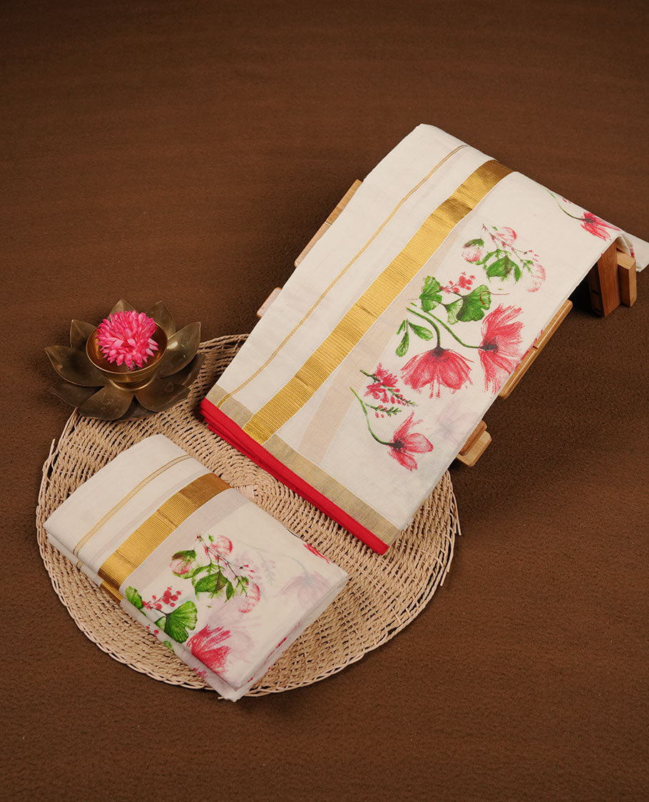 Off white colour cotton set mundu highlights gold zari border featuring floral print across border (2.00/2.80 MTS)