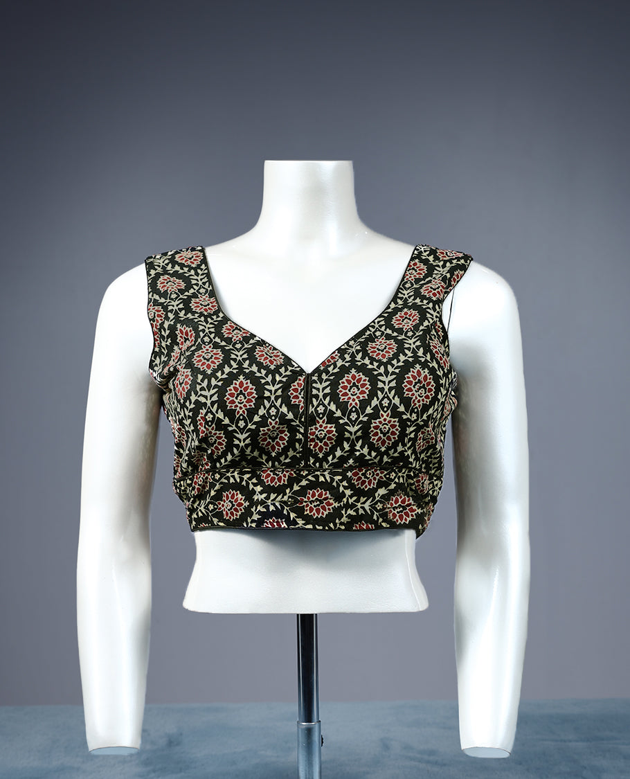 Black Colour Floral Kodi Print, Deep Neck Design, Attachable Sleeves, Padded, Ready Made Blouse.