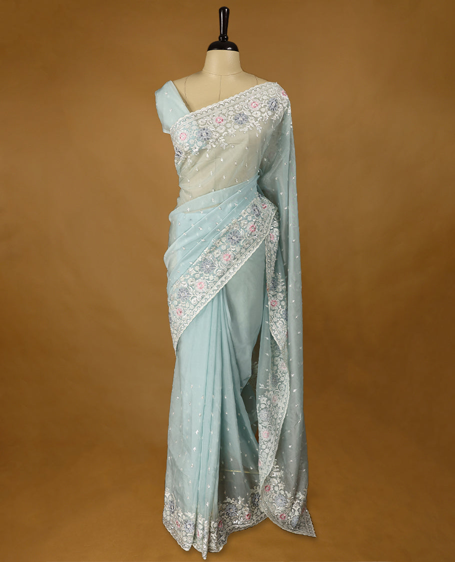 Baby Blue Colour Organza Designer Saree having Thread and Sequence Worked Body with Border and Blouse