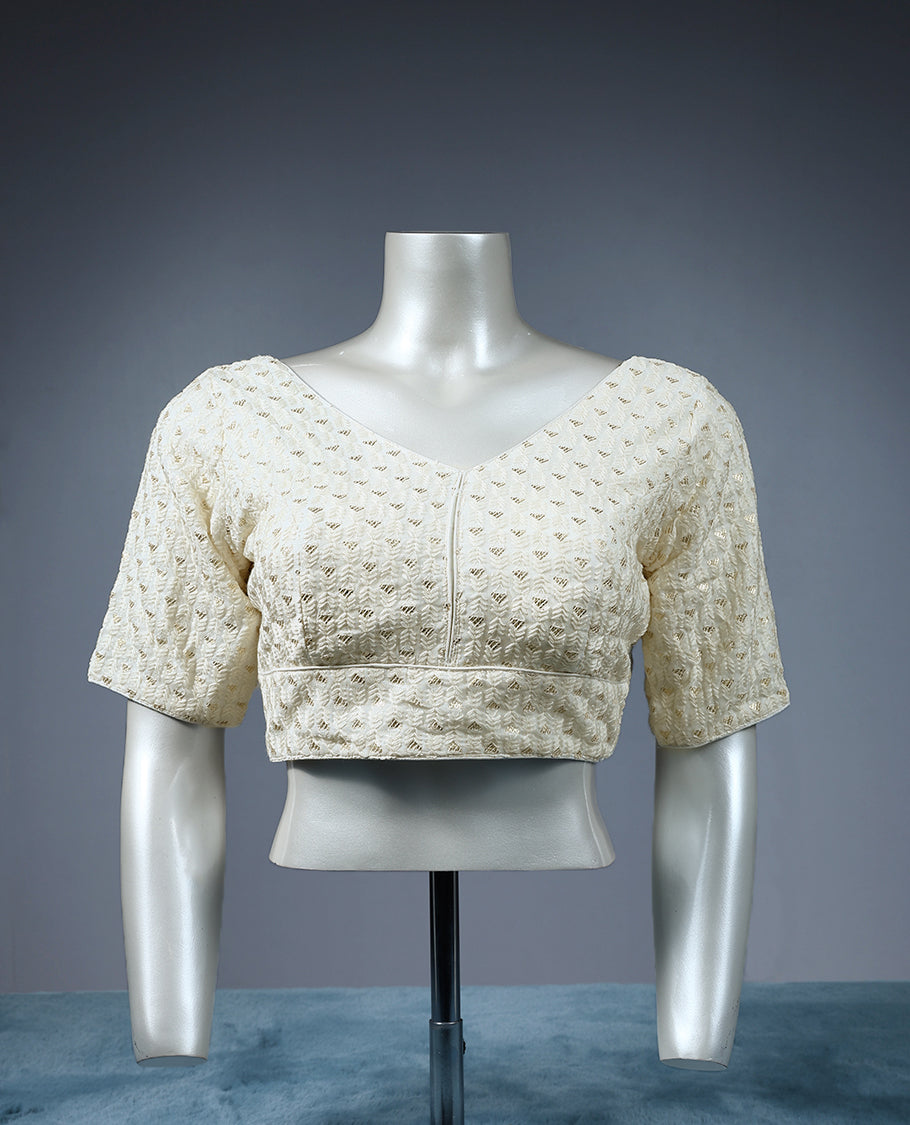 Off White Colour Thread with Sequence Work, V Neck, 2/4th Sleeves, Padded, Ready Made Blouse.