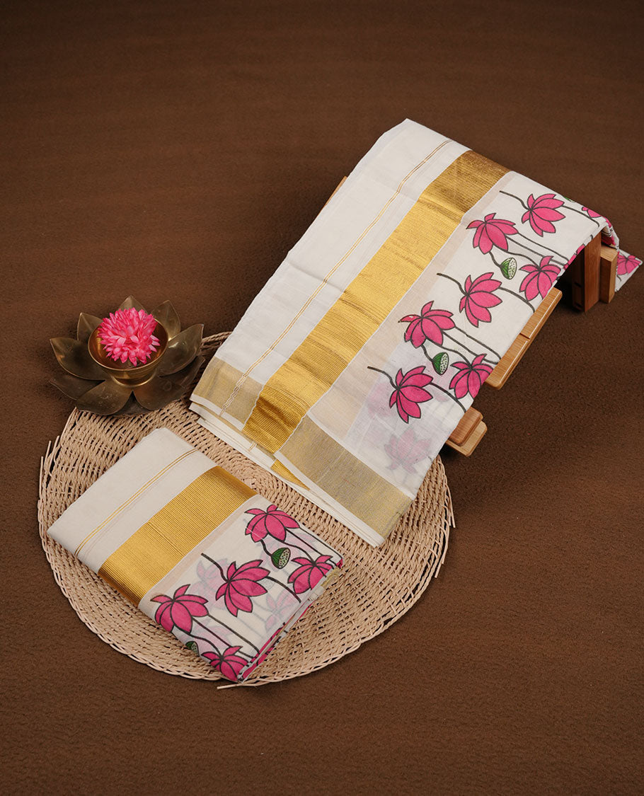 Off white colour cotton set mundu highlights gold traditional border featuring pink floral print across border (2.00/2.80 MTS)