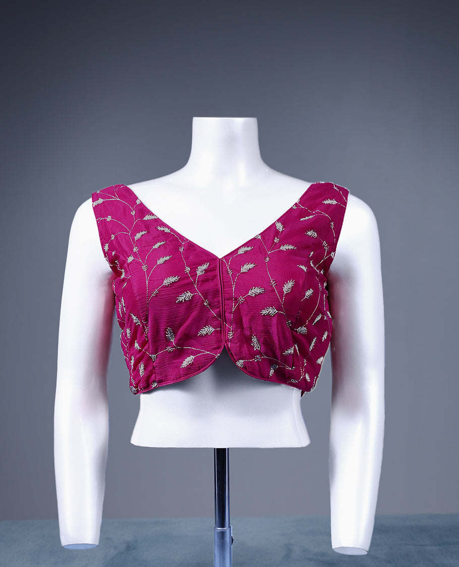 Dark Magenta Colour Cut Bead Leaf Like Embroidery V Neck Design Attachable Sleeves Padded Ready Made Blouse.