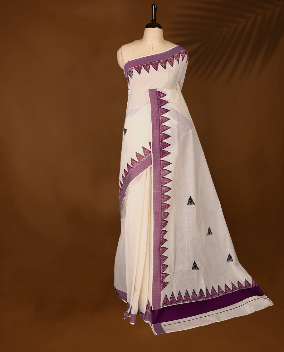 Elegant off white colour cotton Kerala saree featuring Plain body, Purple colour border with Purple colour temple designs, Paired with matching blouse offering a classic and graceful look